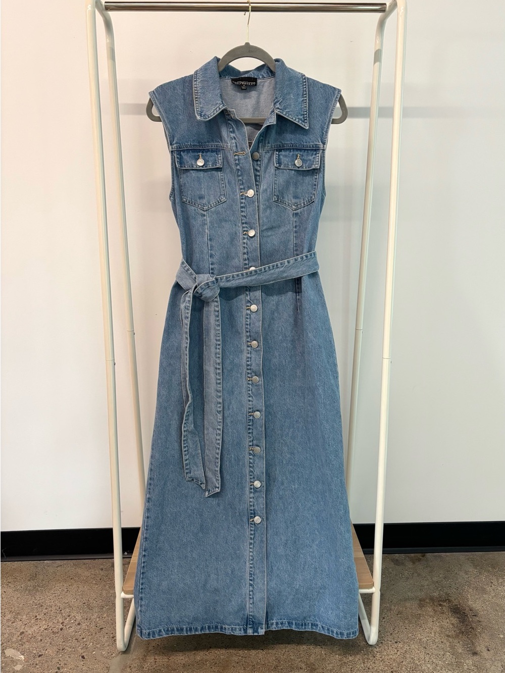 Sleeveless Denim Maxi Dress with Tie Belt - Light Blue